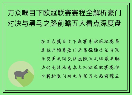 万众瞩目下欧冠联赛赛程全解析豪门对决与黑马之路前瞻五大看点深度盘点 万众瞩目下欧冠联赛赛程全解析豪门对决与黑马之路前瞻五大看点深度盘点